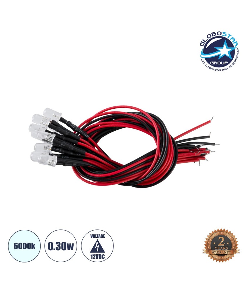 GLOBOSTAR® DIODECHIP 73730 Δίοδος LED 0.3W 30lm 90° DC 12V Αδιάβροχο IP65 Ψυχρό Λευκό 6000K Dimmable - Μ0.5 x Π0.5 x Υ20cm - Πακέτο 10 Τεμαχίων - 2 Χρόνια Εγγύηση